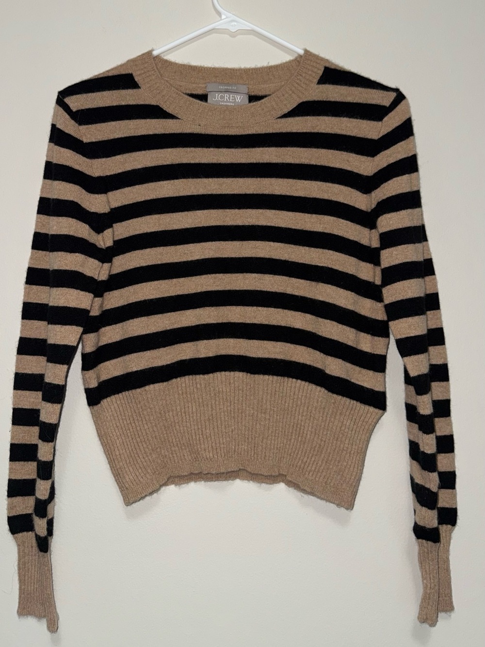 J. Crew Cashmere Black and Tan Striped Crewneck Sweater